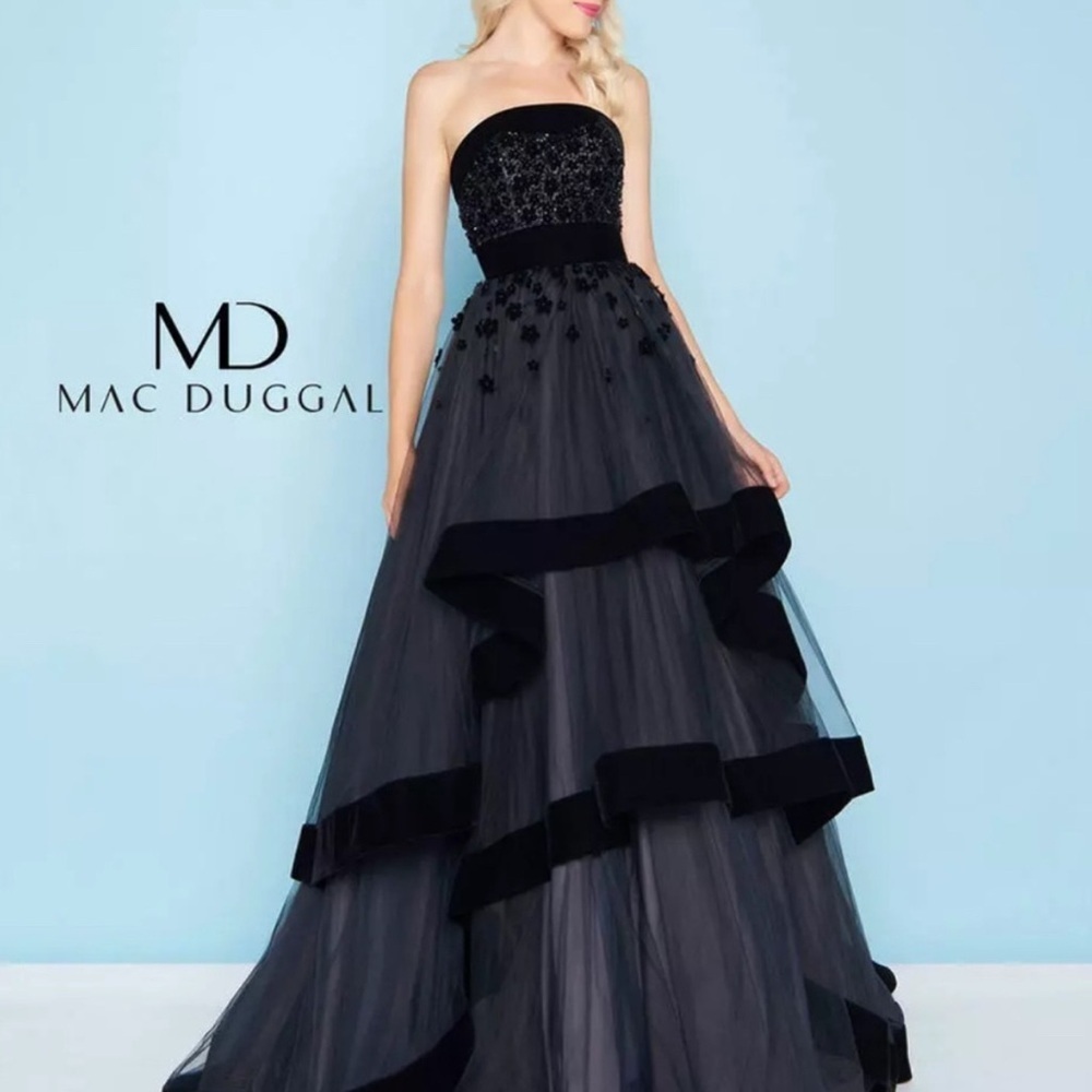 Mac Duggal Black Strapless Tulle Maxi Gown with Velvet Trim